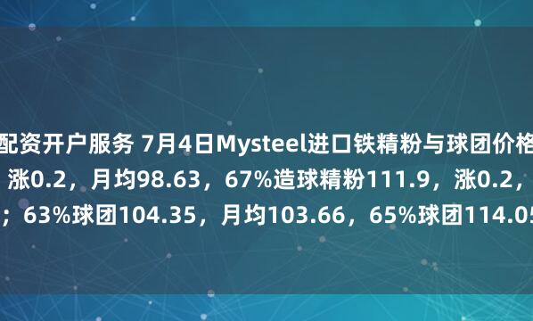 配资开户服务 7月4日Mysteel进口铁精粉与球团价格：65%烧结精粉100，涨0.2，月均98.63，67%造球精粉111.9，涨0.2，月均110.53；63%球团104.35，月均103.66，65%球团114.05，月均113.36。（单位：美元/干吨）